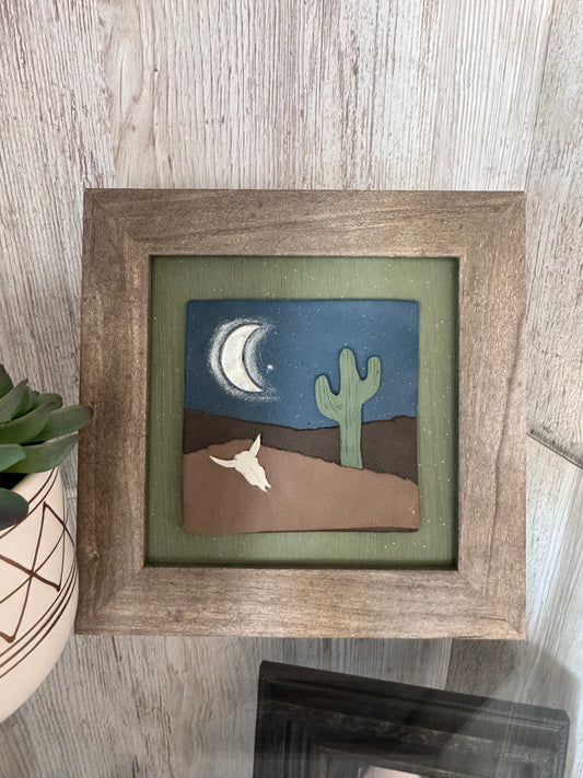 Desert Night Scene 5x5” Framed 3D Clay Art