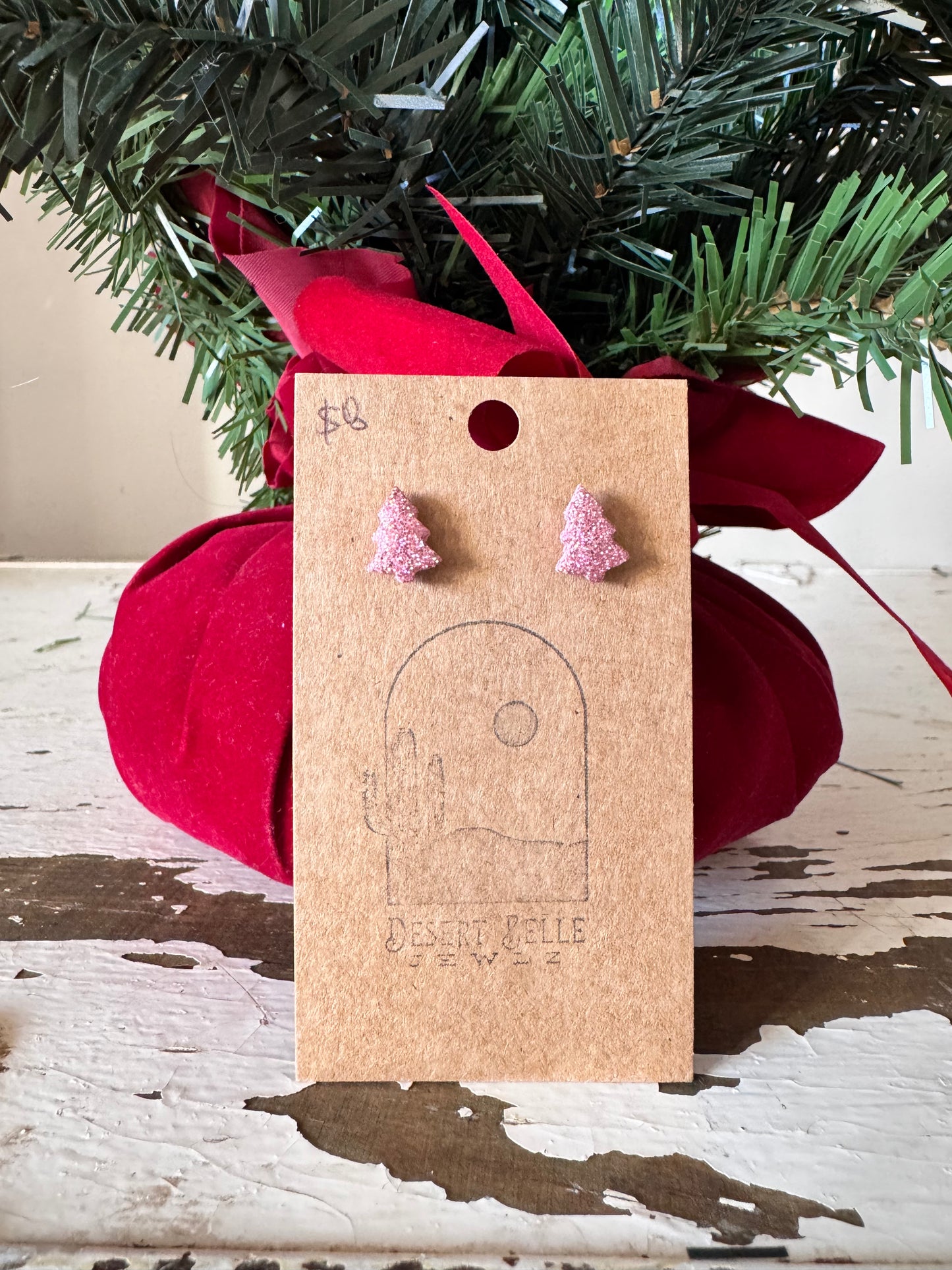 Pink Glitter Christmas Tree Earrings