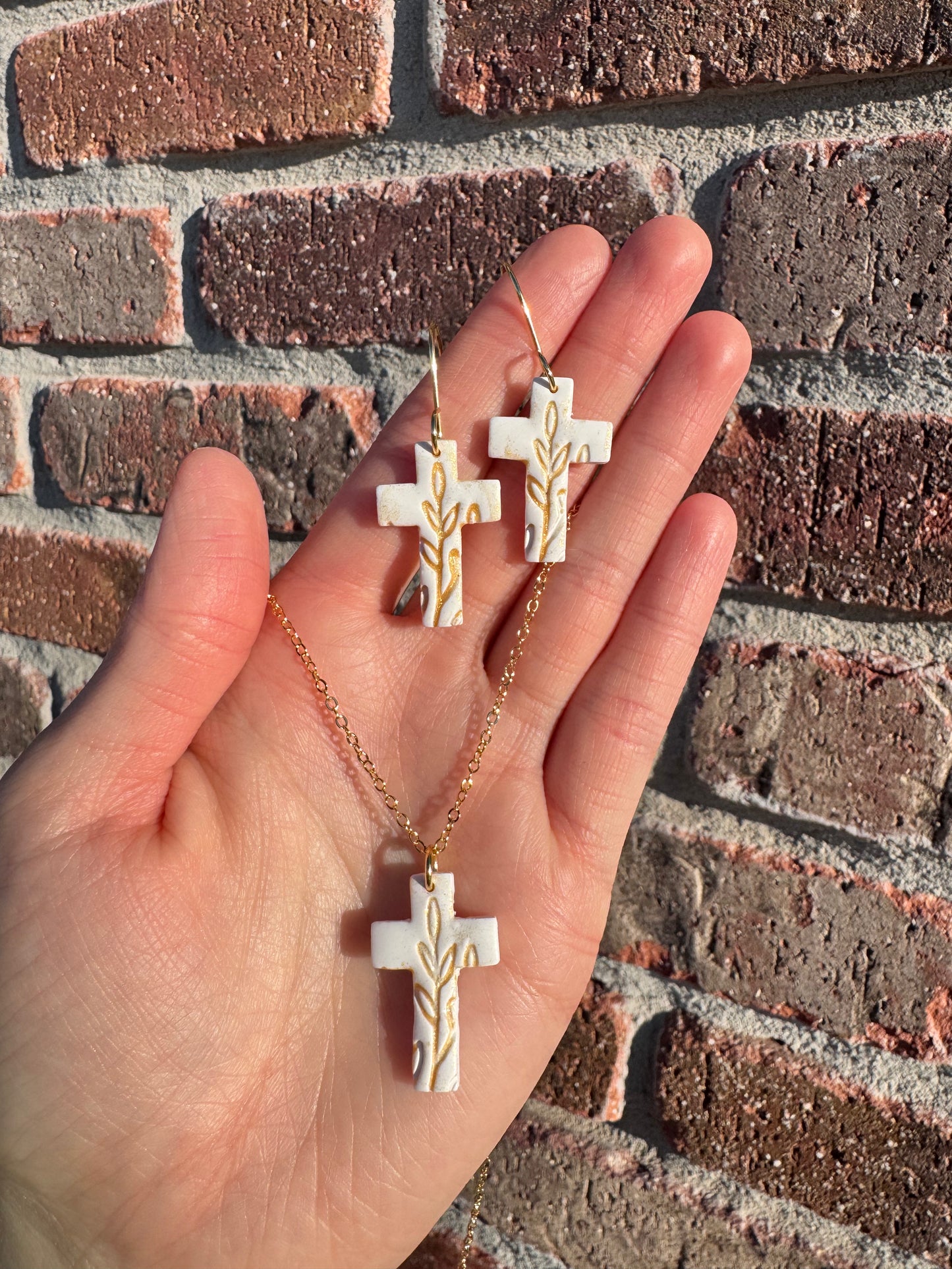 Gold Floral Cross Necklace & Earrings