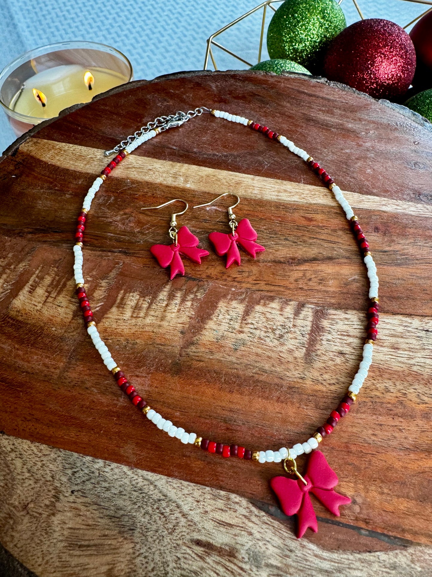 Christmas Bow Earrings + Seed Bead Necklace Set