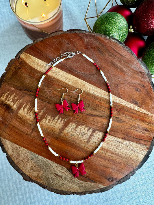 Christmas Bow Earrings + Seed Bead Necklace Set