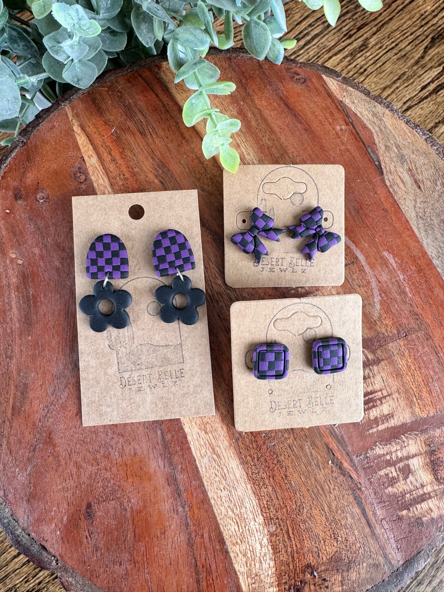 Purple and Black Checkered Earrings