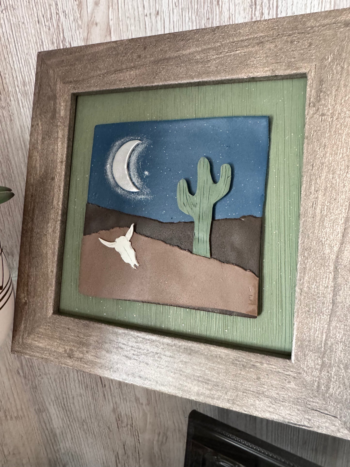 Desert Night Scene 5x5” Framed 3D Clay Art