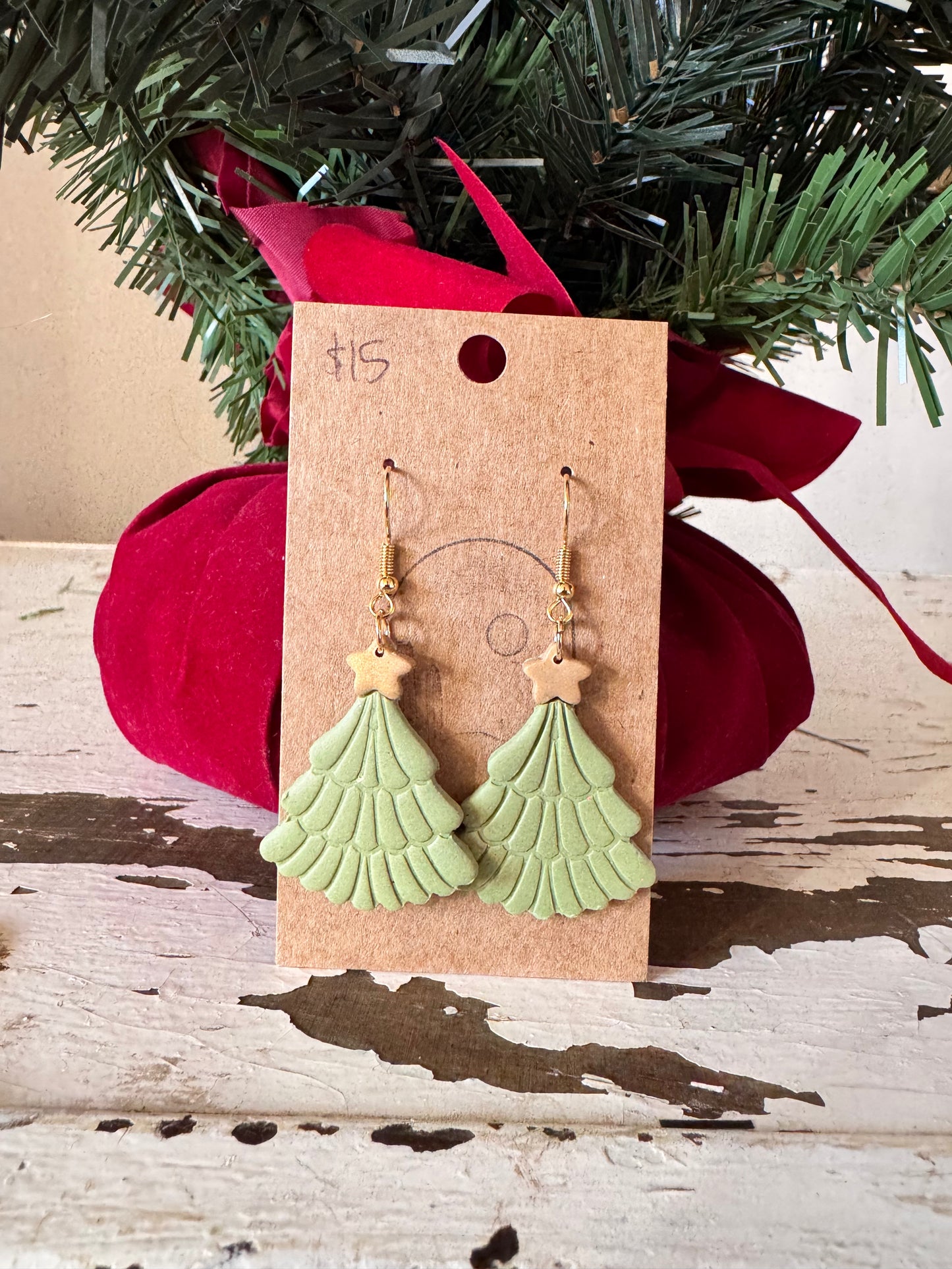 Gold Star Christmas Tree Earrings