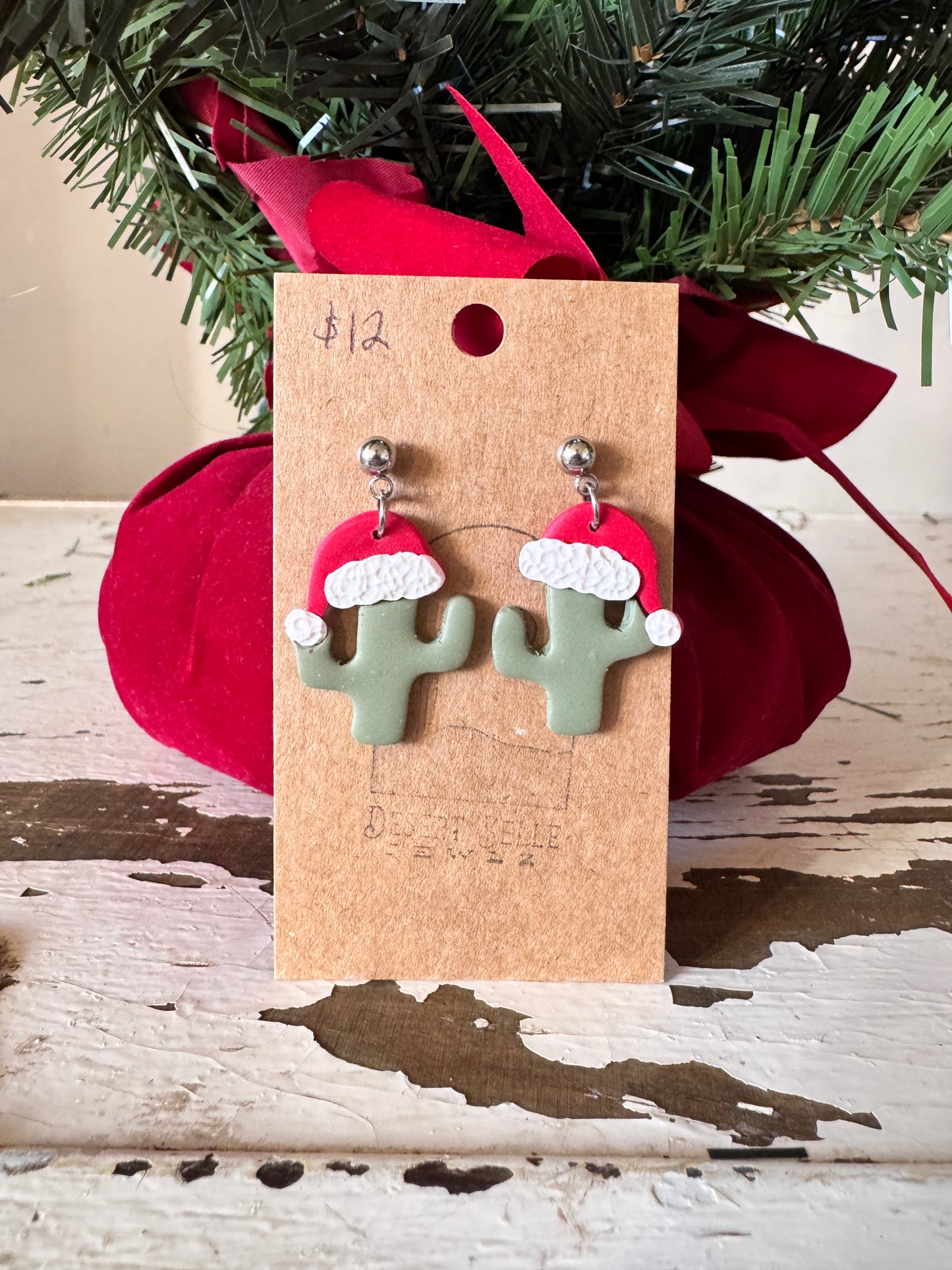 Santa Hat Cactus Earrings