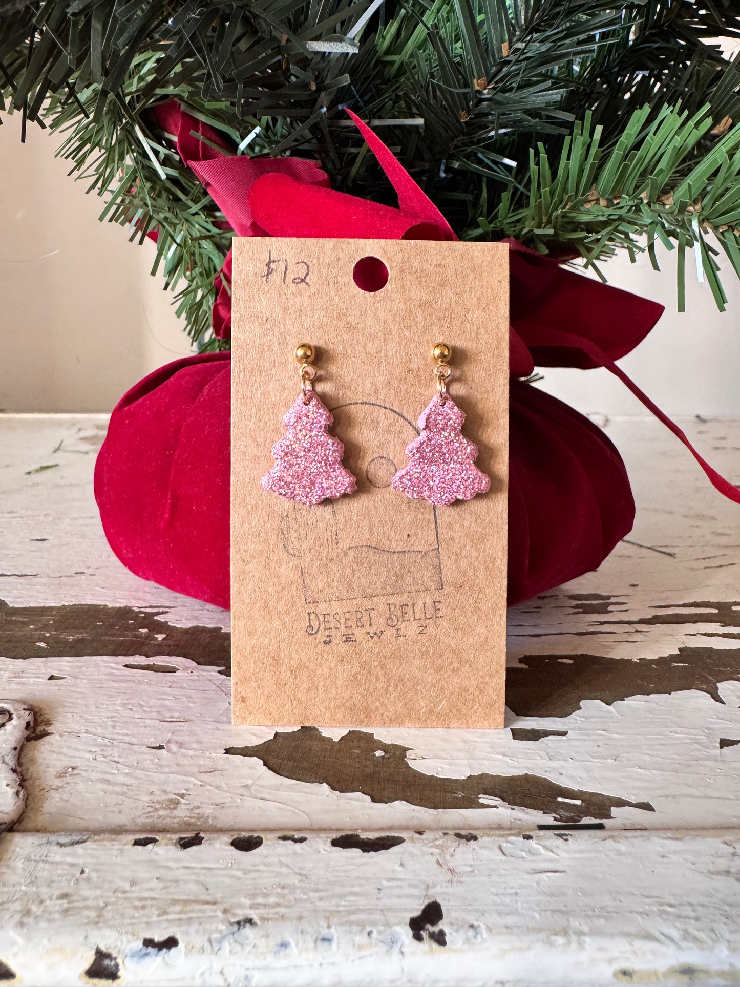 Pink Glitter Christmas Tree Earrings