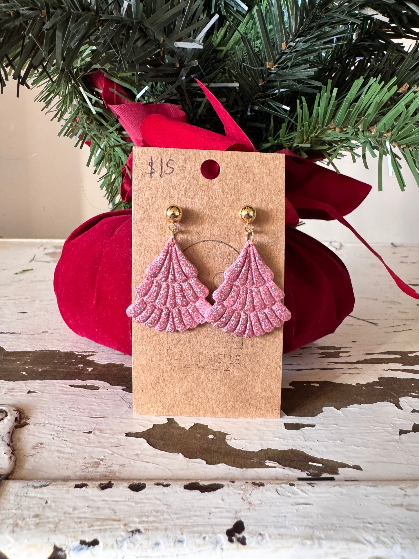 Pink Glitter Christmas Tree Earrings
