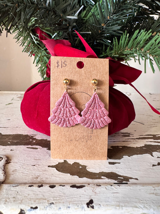 Pink Glitter Christmas Tree Earrings