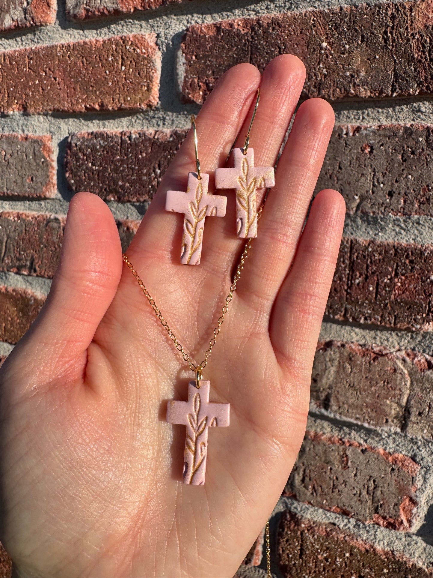 Gold Floral Cross Necklace & Earrings