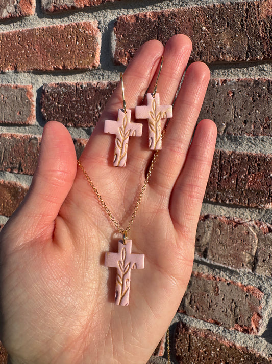 Gold Floral Cross Necklace & Earrings