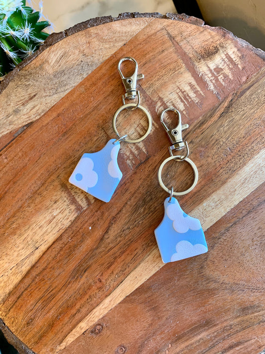 Blue Floral Small Cow Tag Keychain